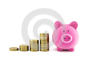 Pink piggy bank and coins