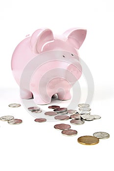 Pink Piggy Bank with coins
