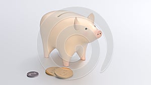 Pink piggy bank, with a coins. Isolated path on white