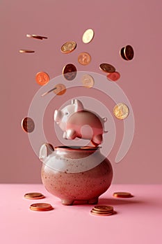 Pink piggy bank. The concept of saving money or open a bank deposit. Investments in future