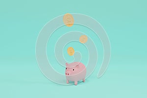 Pink piggy bank with dollar coin on green pastel background. Minimal 3D Rendering. saving money Banking, Investment and Financial