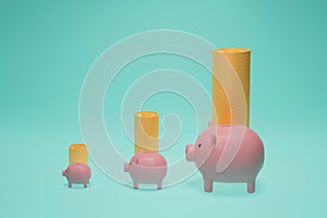 Pink piggy bank with dollar coin stack growing on green pastel background. Minimal 3D Rendering. saving money Banking, Investment