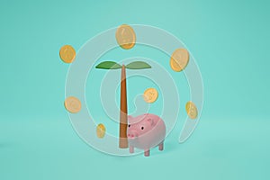 Pink piggy bank with Dollar coin and tree on green pastel background. Minimal 3D Rendering. saving money Banking, Investment