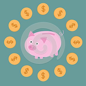 Pink piggy bank and dollar coins. Card