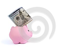 Pink piggy bank, dollars on a white background. savings concept, fundraising photo