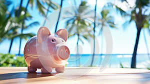Pink piggy bank on an empty wooden background overlooking the sea and the beach. Vacation concept.