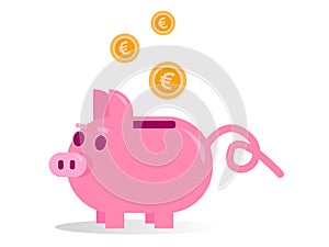 Vector illustration of pink piggy bank with euro coins isolated on white background. Investment and saving money concept