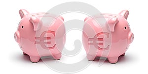 Pink piggy bank with euro symbol isolated on a white background. Concept How to save money