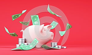 Pink piggy bank with falling dollar bills and coins on blue background