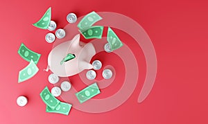 Pink piggy bank with falling dollar bills and coins on red background