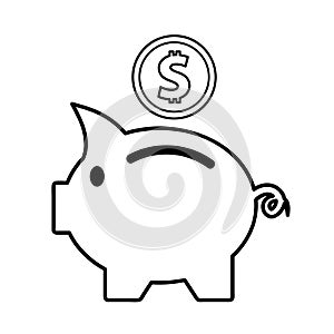 Pink piggy bank with falling dollar coins, flat icon vector illu