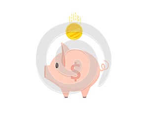 Pink piggy bank with falling gold coin vector illustration on white background