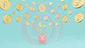 Pink piggy bank and falling gold coins with dollar sign with cyan background. Concept of saving money. 3d render illustration