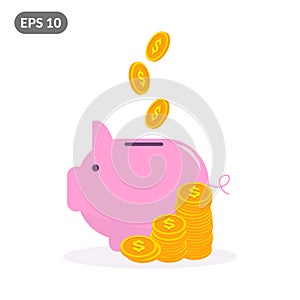 Pink piggy bank with falling gold dollar coins concept. Illustration of investing