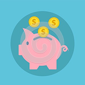 Pink piggy bank with falling golden coins, flat icon vector illustration
