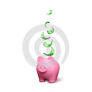 Pink piggy bank with falling green paper dollar. Finance investment banner isolated. Save money concept