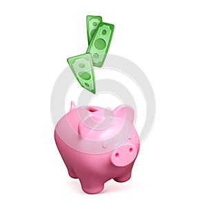 Pink piggy bank and falling green paper money. Finance business and investment isolated on white background. Keep money in safe