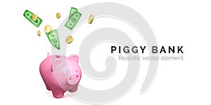 Pink piggy bank and falling green paper money and gold coins. Finance investment banner isolated on white background. Save money