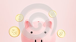 pink piggy bank with floating gold coins for saving money concept