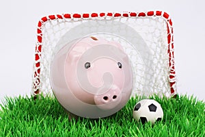 Pink piggy bank with football ball on green field with gate on white background