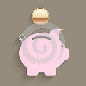 Pink piggy bank with a gold coin