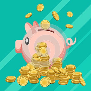 Pink piggy bank with gold coins on green background.