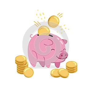 Pink piggy bank and gold coins. Saving money, business concept vector illustration
