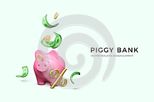 Pink piggy bank with gold percentage sign and golden coins paper currency. Investment and business. Saving money in bank account