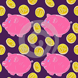 Pink piggy bank with golden coins pour into it, white outline, hand drawn doodle sketch, seamless pattern design