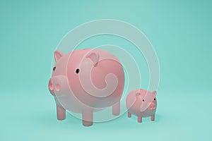 Pink piggy bank on green pastel background. Minimal 3D Rendering. saving money Banking, Investment and Financial .