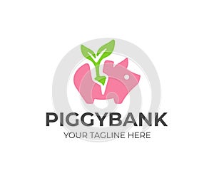 Pink piggy bank with green tree logo design. Green savings vector design