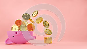 Pink piggy bank halved with flow of gold coins and a stack of money
