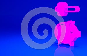 Pink Piggy bank and hammer icon isolated on blue background. Icon saving or accumulation of money, investment