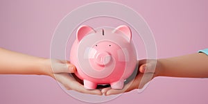 Pink piggy bank in hands, money theme. Generative AI