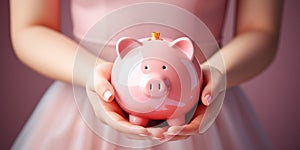 Pink piggy bank in hands, money theme. Generative AI