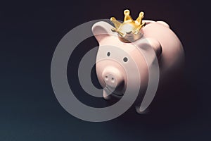 Pink piggy bank with hightlight shining through golden crown in