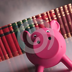 Pink piggy bank looking happy in front of book