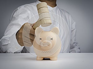 The pink piggy bank makes fear with afraid face while businessman man hand is holding a wooden hammer.