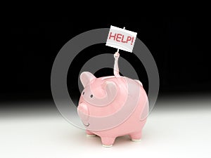 Pink piggy bank with man inside holding up HELP! sign