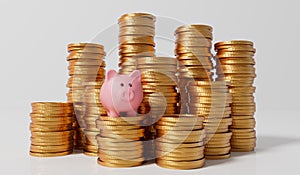 Pink piggy bank money box with a stack of gold coins. 3D Rendering