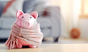 A pink piggy bank money box wrapped up warm with a scarf. Winter heating bills concept