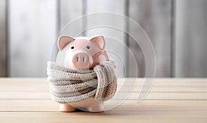 A pink piggy bank money box wrapped up warm with a scarf. Winter heating bills concept