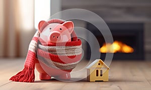 A pink piggy bank money box wrapped up warm with a scarf. Winter heating bills concept