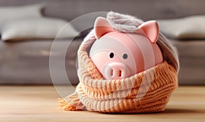 A pink piggy bank money box wrapped up warm with a scarf. Winter heating bills concept