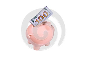 Pink piggy bank with the one hundred dollar bill isolated on white background