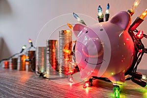 Pink piggy bank with party light, organize a party for the event where successful in saving money for use in various festivals
