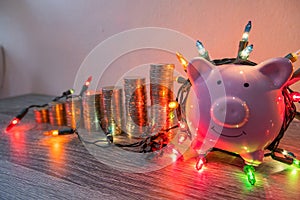 Pink piggy bank with party light, organize a party for the event where successful in saving money for use in various festivals