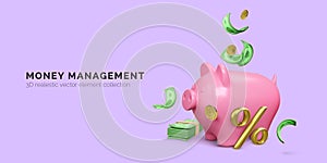 Pink piggy bank with percent sign and falling gold coins and green dollar bills. Money management concept