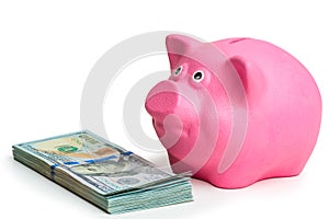 pink piggy bank and pile of american dollars on white background isolated