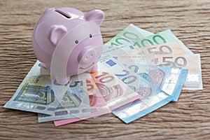 Pink piggy bank on pile of Euro banknotes on wooden table, financial savings money account or Europe economics concept, future gr